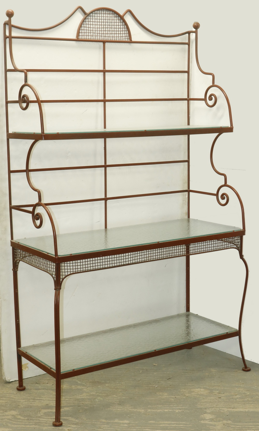 Appraisal: METAL BAKER'S RACK Large Terra Cotta Painted Metal Three-Shelf Baker's