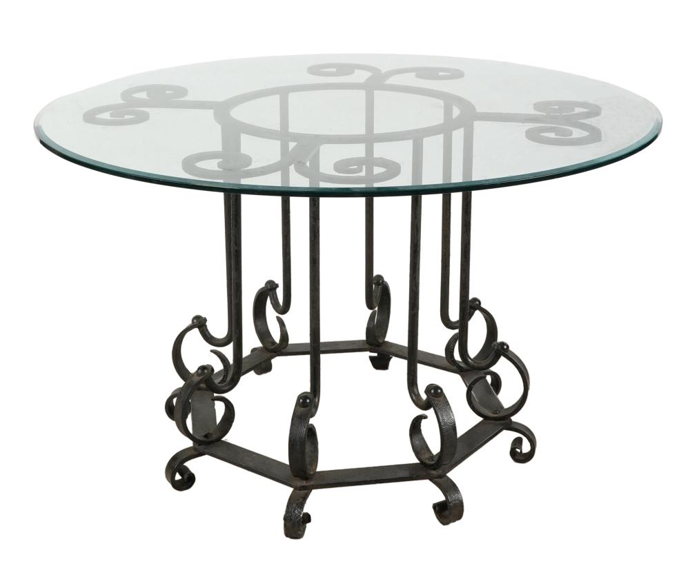 Appraisal: SPANISH REVIVAL-STYLE IRON GLASS DINING TABLEcontemporary the round top with