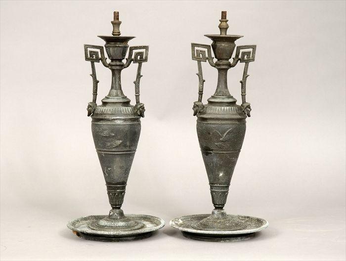 Appraisal: Pair of Neo-Grec Patinated Metal Vases Mounted as Lamps in