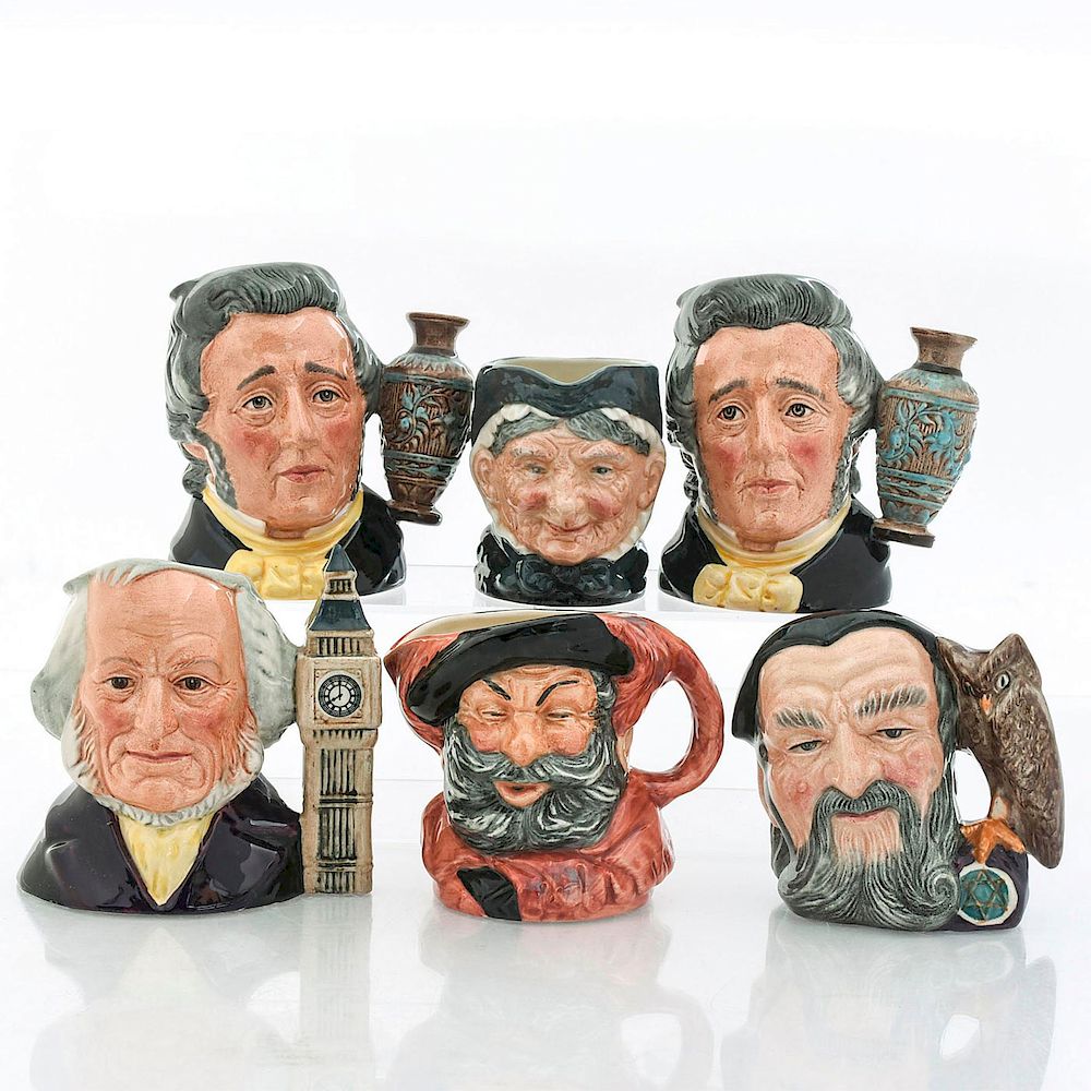 Appraisal: ROYAL DOULTON MINIATURE CHARACTER JUGS John Doulton Merlin Henry Doulton