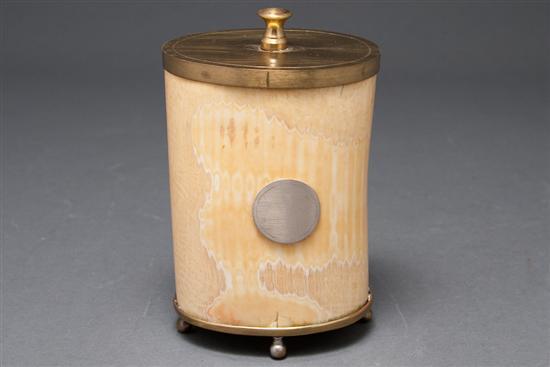 Appraisal: Continental brass-mounted ivory trinket box with nickel-plated-mounted plaque