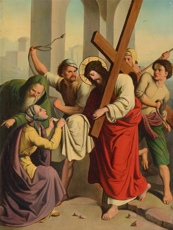 Appraisal: STATIONS OF THE CROSS PAINTING VERONICA WIPES JESUS' FACE Oil