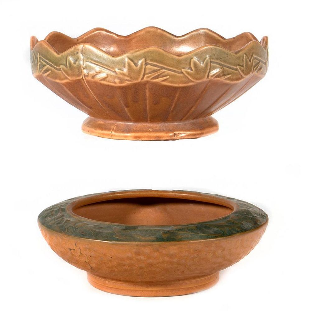 Appraisal: Two Arts Crafts Bowls The one zig-zag rim decorated with