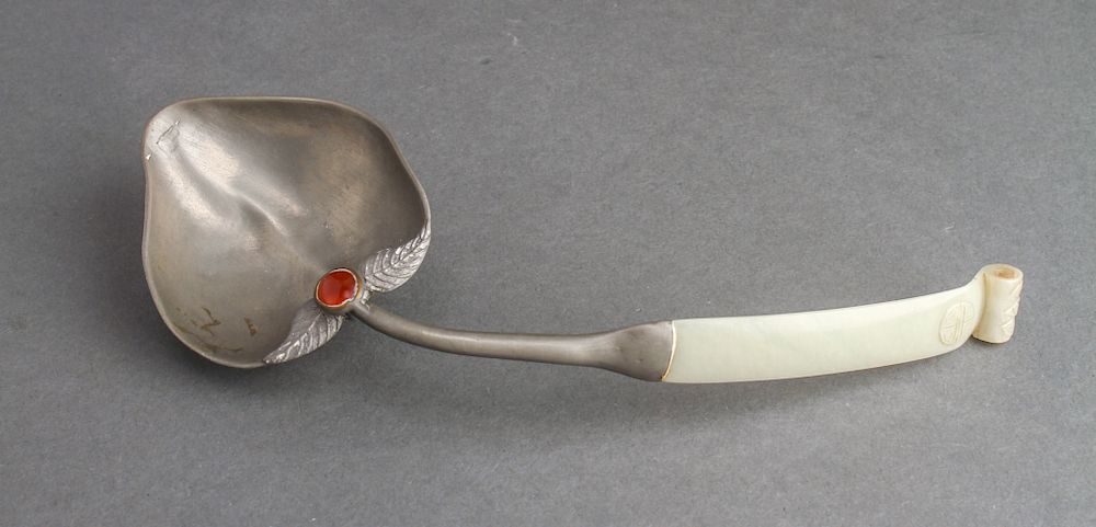 Appraisal: Chinese Carved Jade Carnelian and Pewter Spoon Chinese spoon with