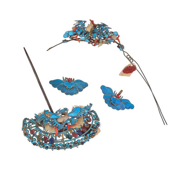 Appraisal: Set of Four Kingfisher and Silver Accessories th Century Including