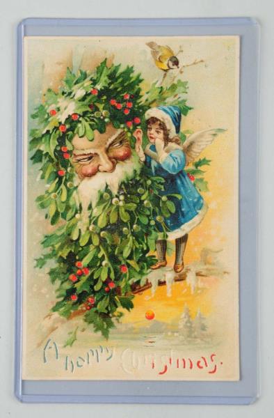 Appraisal: Hold-to-Light Santa Face Postcard Fantasy mistletoe head with angel girl