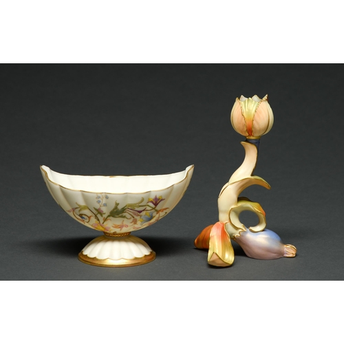 Appraisal: A Royal Worcester lotus candlestick and fluted sugar bowl and