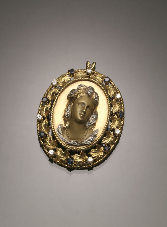 Appraisal: -Karat Yellow-Gold Platinum Diamond Blue Sapphire and Enamel Cameo Pendant