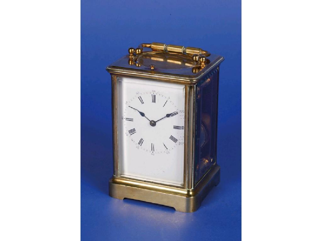 Appraisal: A FRENCH BRASS CASED REPEATING CARRIAGE CLOCK the white enamel