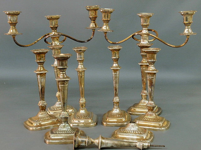 Appraisal: Sheffield silver candelabra h x w and six candlesticks h