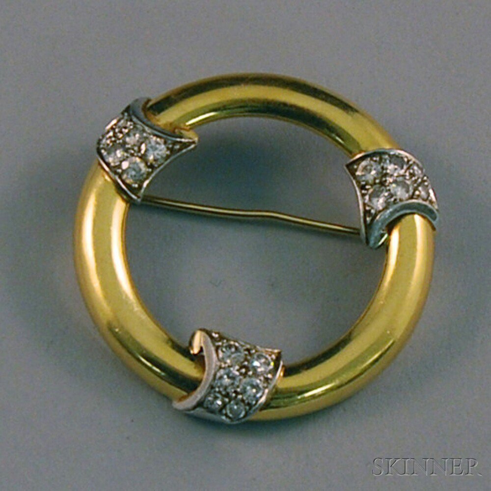 Appraisal: kt Gold Platinum and Diamond Circle Pin set with full-cut