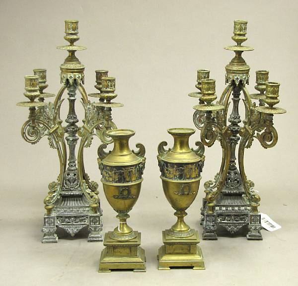 Appraisal: A pair of Renaissance Revival gilt and silvered bronze candelabra