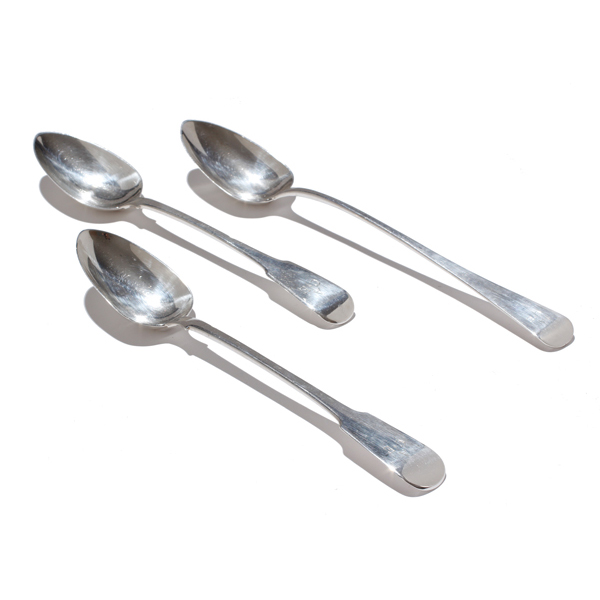 Appraisal: Three Georgian English sterling silver stuffing serving spoons Monogrammed ozt