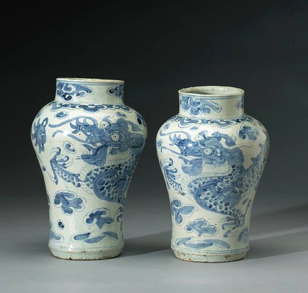 Appraisal: Two blue and white porcelain dragon jars Joseon Dynasty th