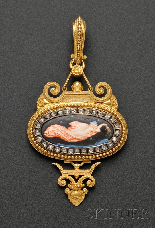 Appraisal: Etruscan Revival kt Gold and Enamel Pendant Eugene Fontenay c