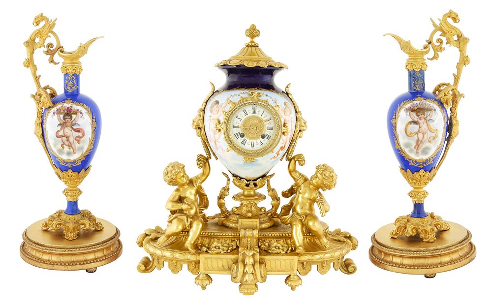 Appraisal: REGENCE-REVIVAL PORCELAIN AND GILT-BRONZE MANTEL CLOCK ON STAND WITH A