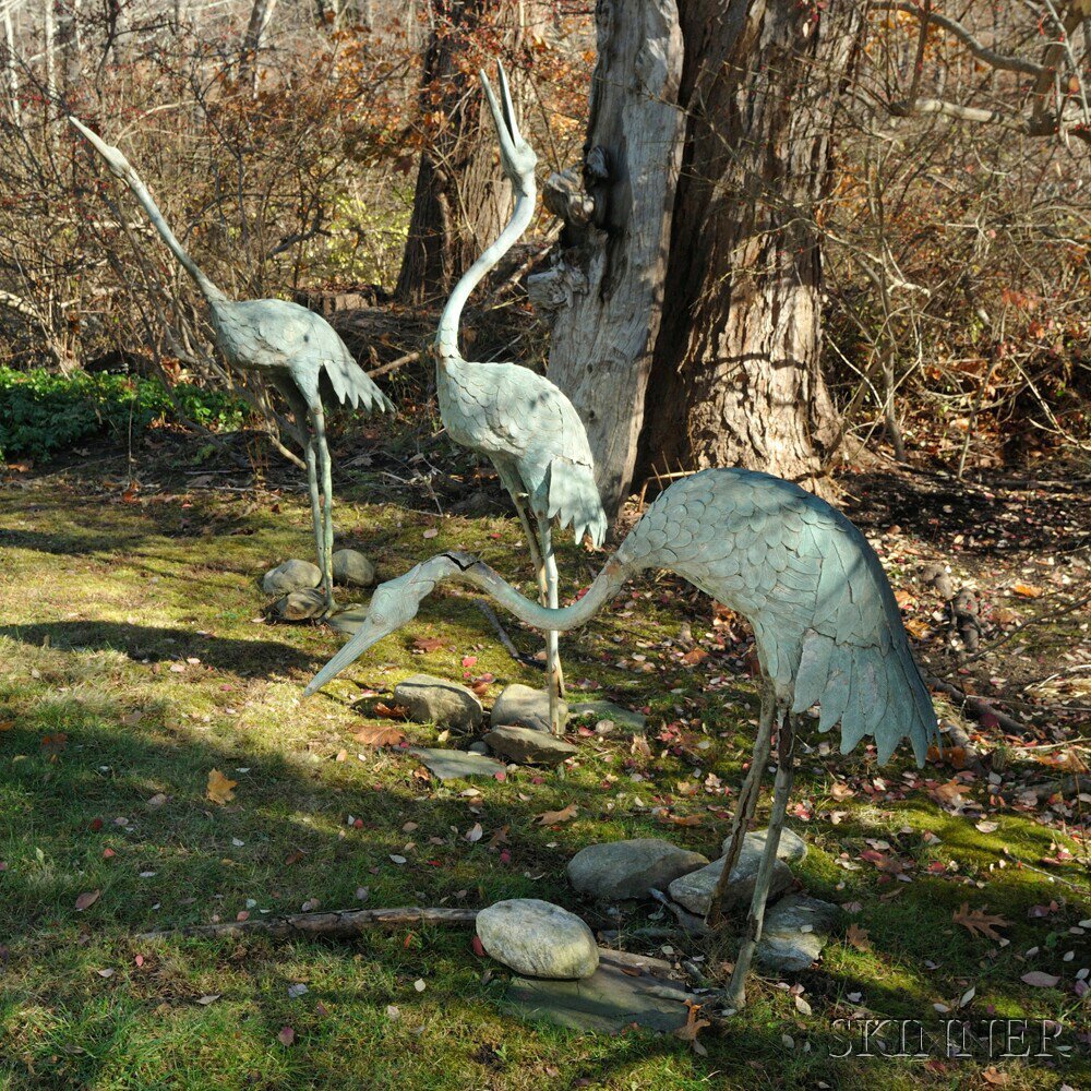 Appraisal: Three Bronze Cranes Japan th century each bird in a