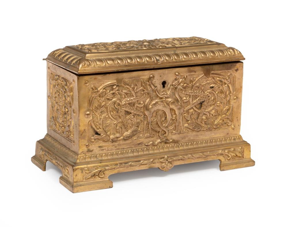 Appraisal: Continental Bronze Dresser Box hinged lid relief of griffins and