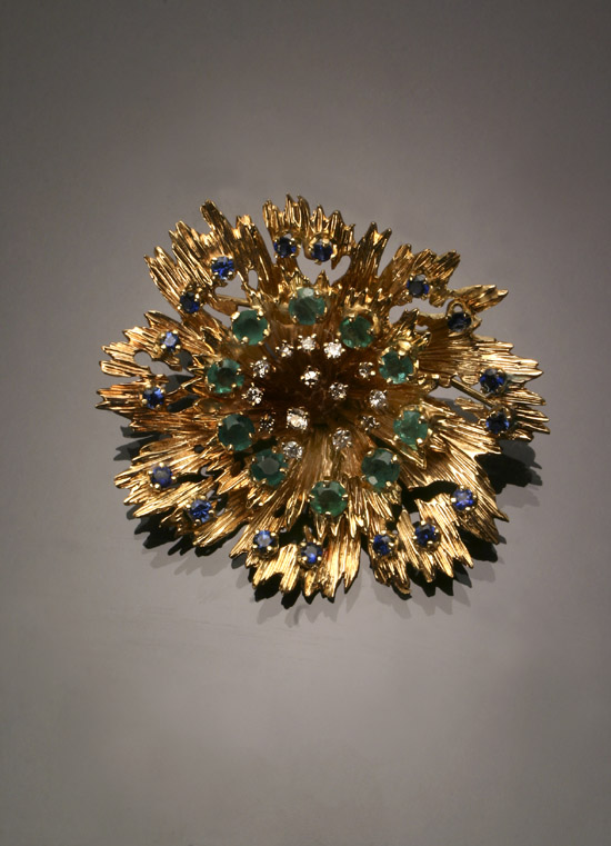 Appraisal: -Karat Yellow-Gold Diamond Blue Sapphire and Emerald Floral Brooch Set