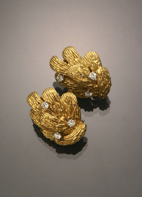 Appraisal: Pair of -Karat Yellow-Gold and Diamond French Clip-Back Floral Earrings