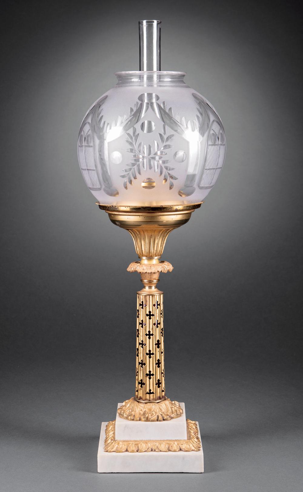 Appraisal: American Gilt Brass Solar Lamp th c reticulated standard with