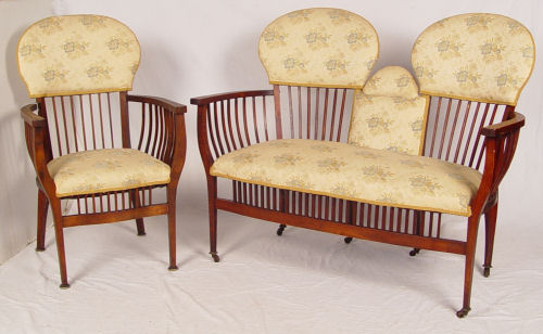 Appraisal: PETITE SPINDLED SETTEE CHAIR Mahogany frame with spindle back arms