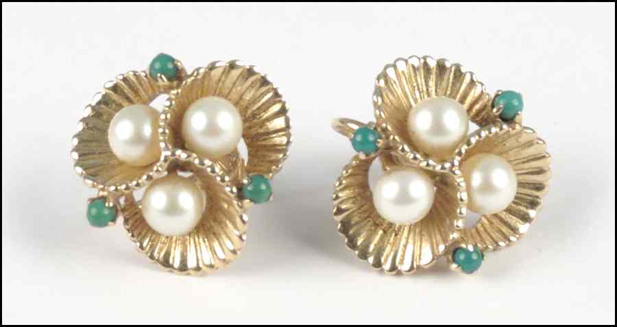 Appraisal: KARAT YELLOW GOLD TURQUOISE AND PEARL EARRINGS Condition No Specific