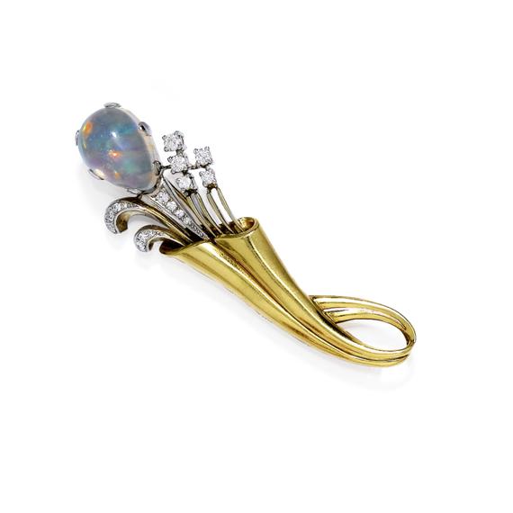 Appraisal: OPAL AND DIAMOND BROOCH ca Yellow and white gold Elegant