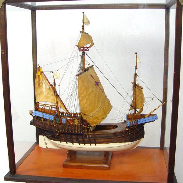 Appraisal: MODEL OF SANTA MARIA IN GLASS CASE Hand crafted wood