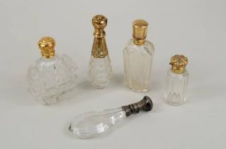 Appraisal: Five Gold Silver Topped Cut Glass Scent Bottles Five gold