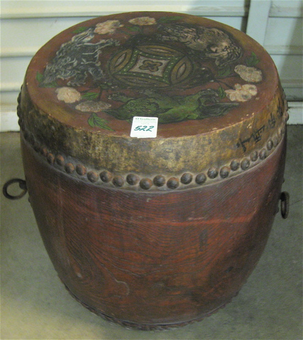 Appraisal: CHINESE CEREMONIAL DRUM of round barrel form with painted top