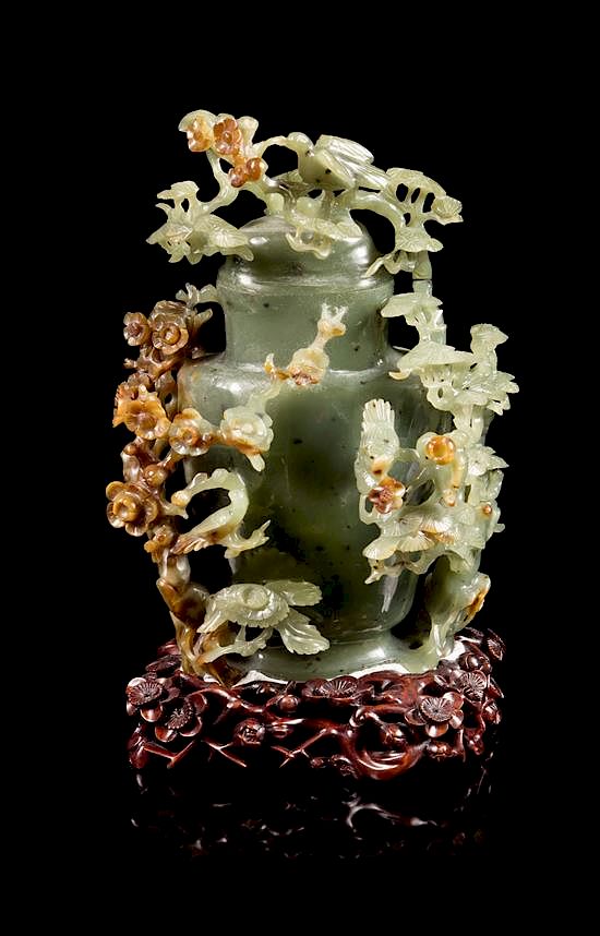 Appraisal: A Spinach and Russet Jade Covered Vase Height inches A