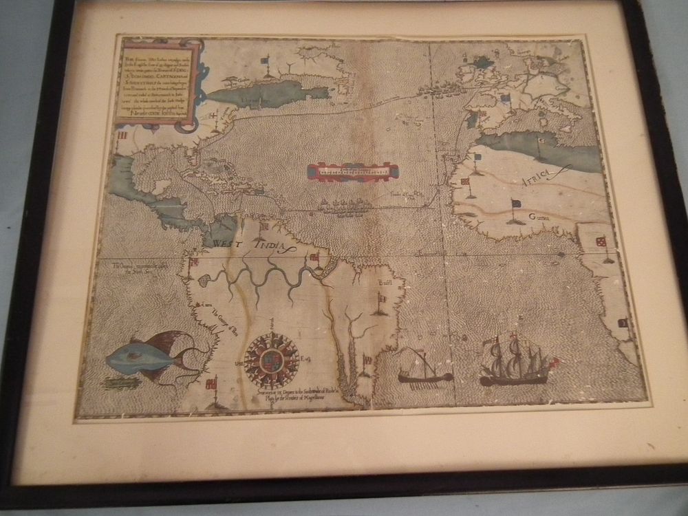 Appraisal: VINTAGE FRANCIS DRAKE INDIAN VOYAGE MAP Framed colored map dated