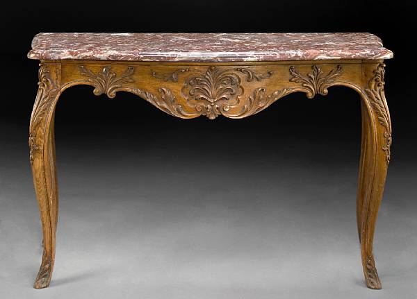 Appraisal: A Louis XV style beechwood marble top console table th