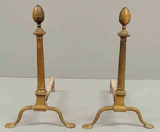 Appraisal: Pair of Federal brass andirons c with acorn finials cylindrical