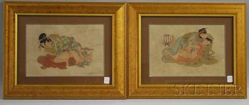 Appraisal: Two Framed Shunga Album Figural Paintings Japan th century erotic