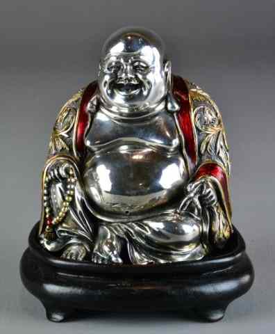 Appraisal: Chinese Silvered Figure of Laughing BuddhaSilvered seated laughing Buddha holding