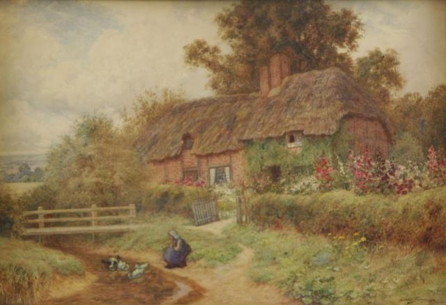 Appraisal: STRACHAN Arthur Claude Watercolor EnglishCottage with Girl and Ducks Signed