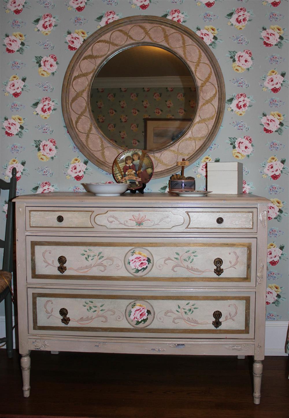 Appraisal: FAUX PAINTED CHEST OF DRAWERS WITH COORDINATING CIRCULAR MIRROR the