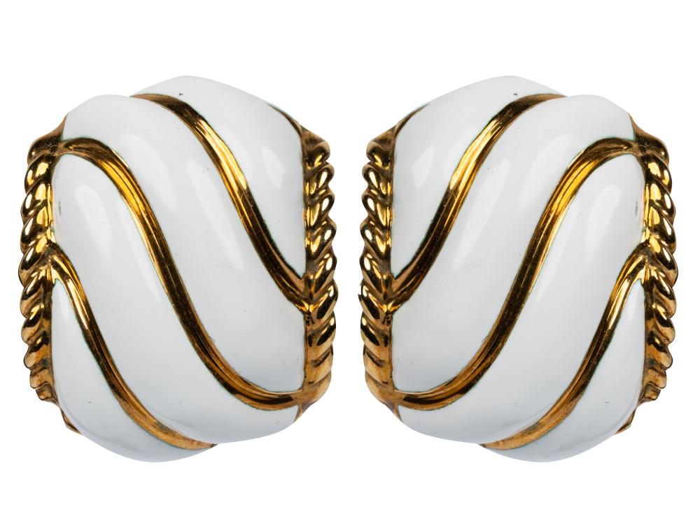 Appraisal: DAVID WEBB KARAT YELLOW GOLD WHITE ENAMEL EARRINGSsigned 'Webb k'