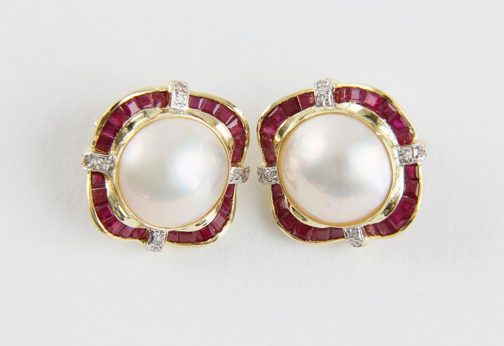 Appraisal: Pair of k Yellow Gold Mabe Pearl Ruby and Diamond