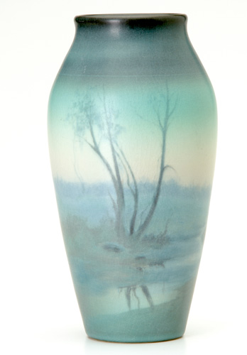 Appraisal: ROOKWOOD Scenic Vellum vase painted by Fred Rothenbusch Flame mark