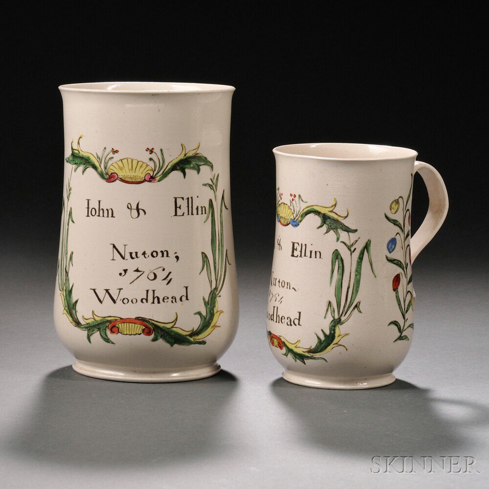 Appraisal: Two Staffordshire Enameled Salt-glazed Stoneware Commemorative Tankards England c each