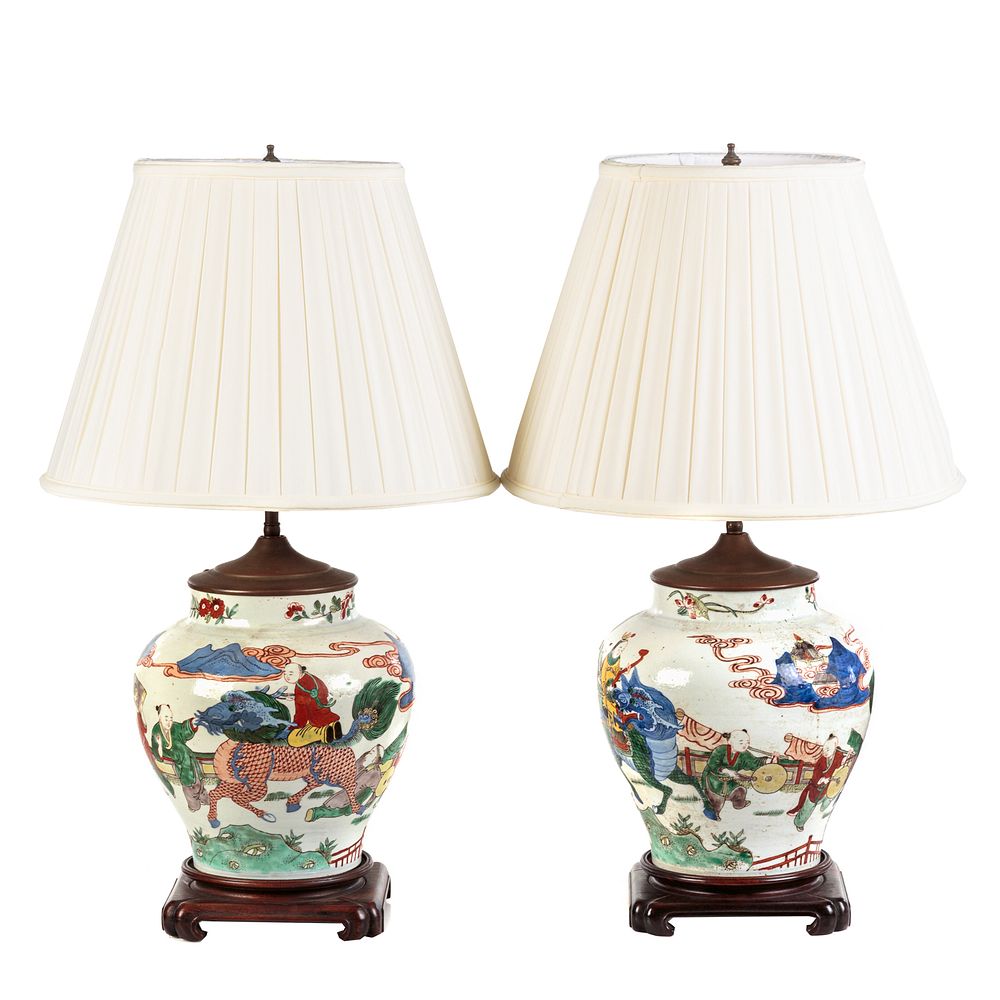 Appraisal: Pair of Chinese Wucai Porcelain Vase Lamps Second half th