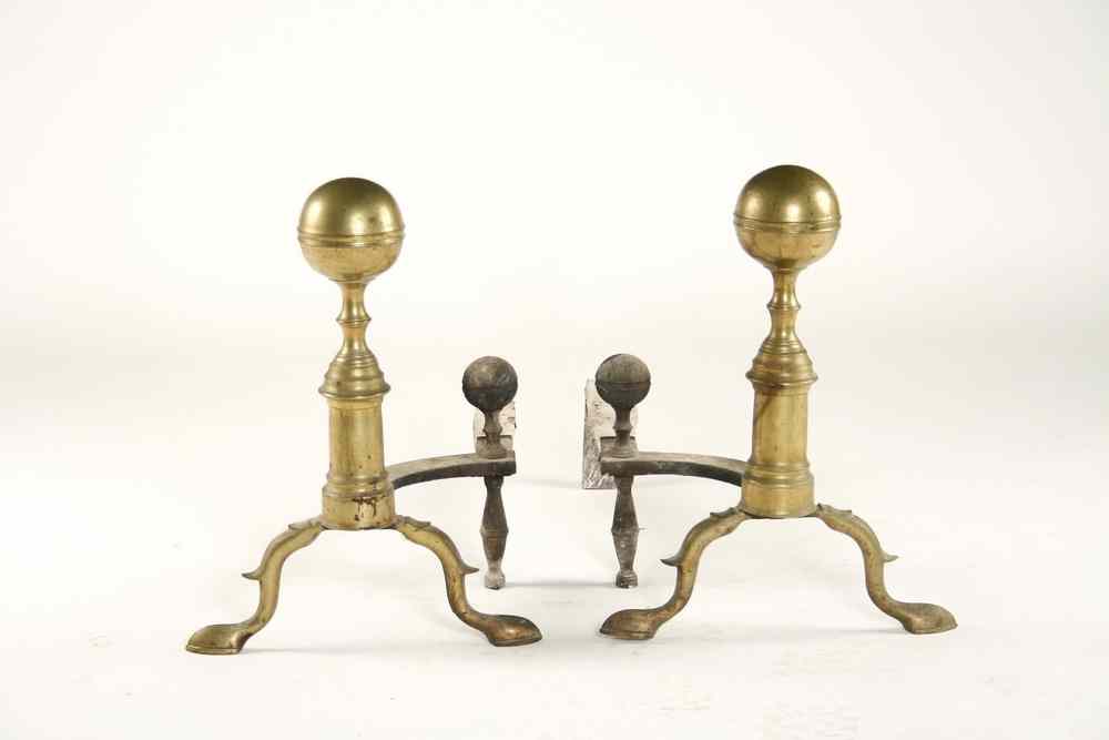 Appraisal: ANDIRONS - Pair of late th c brass ball top