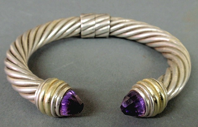 Appraisal: David Yurman sterling silver k gold amethyst hinged cuff bracelet