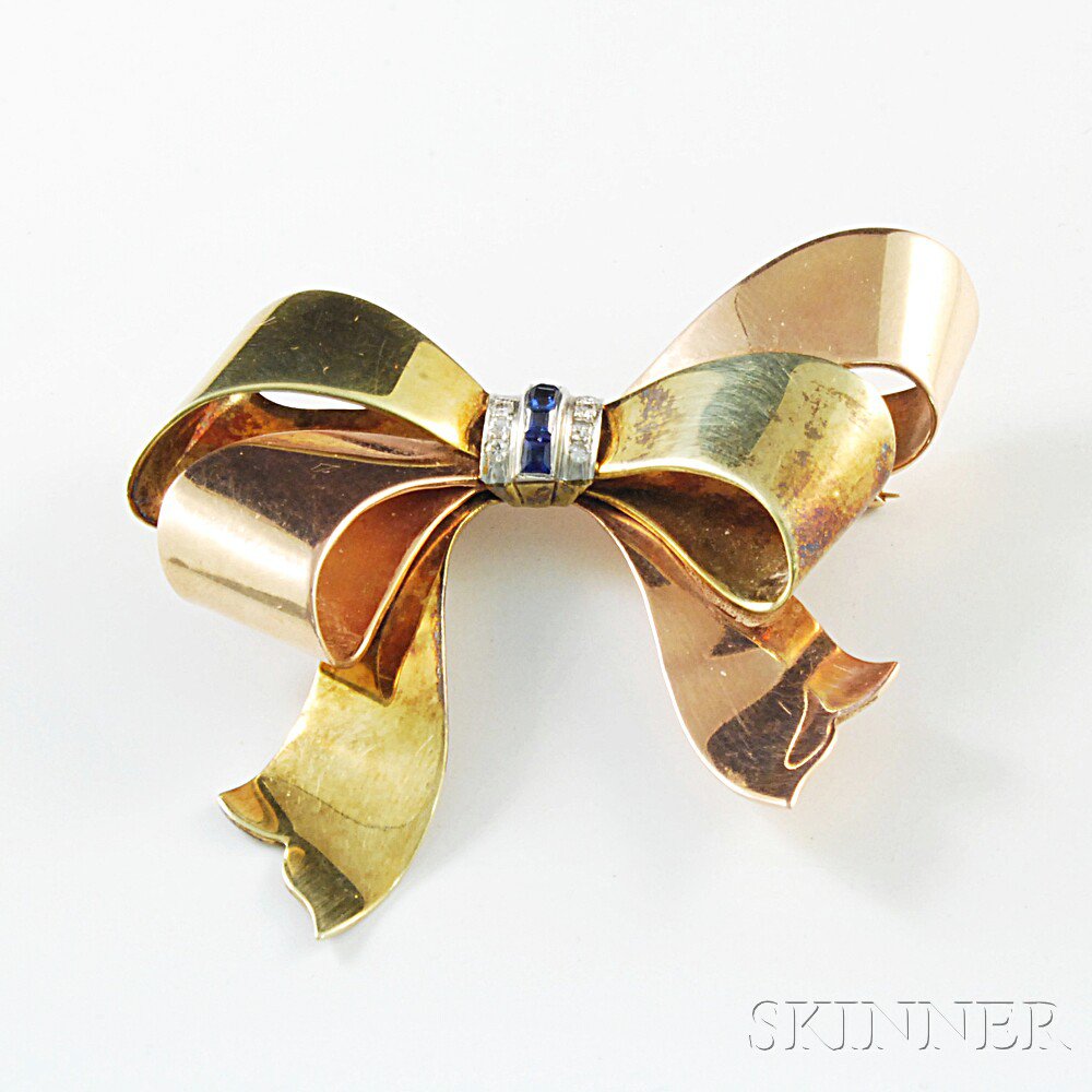 Appraisal: Vintage kt Bicolor Gold Sapphire and Diamond Bow Brooch ht