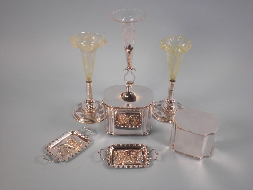 Appraisal: Two similar Victorian silver plated and Vaseline glass trumpet shape