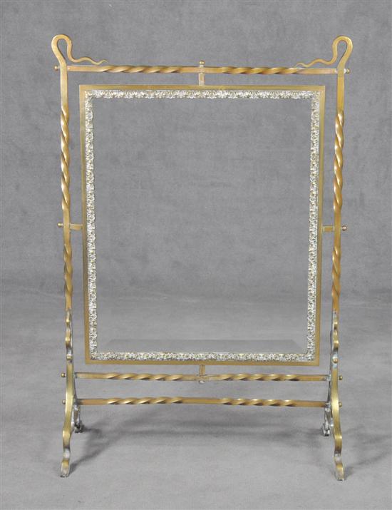 Appraisal: Wrought Brass Glass Firescreen Circa Beveled plate glass screen enclosed