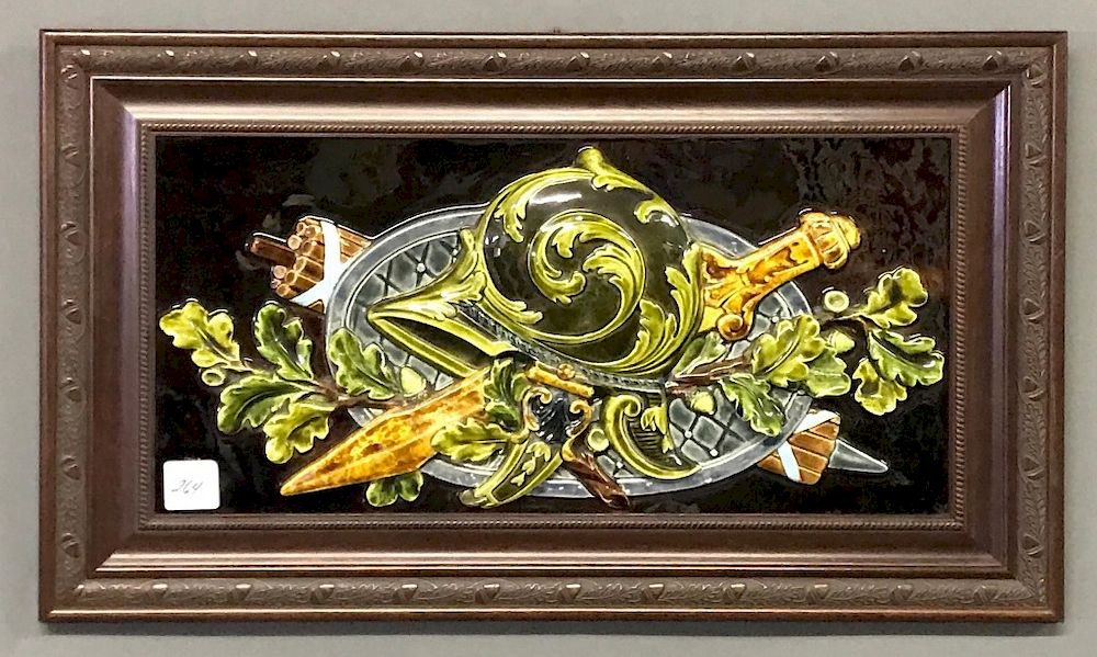 Appraisal: Framed Majolica Plaque of a Helmut Sword Framed majolica plaque